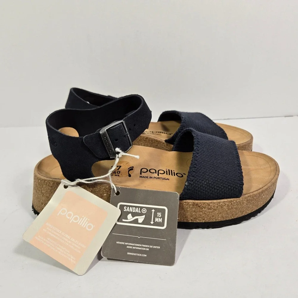 Birkenstock Papillio Womens 6 Namica Navy Blue Textile Platform Wedge Sandals